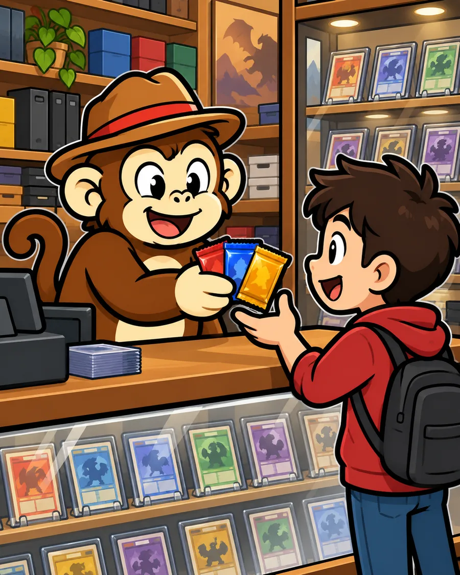 Don Bananza selling Pokémon card packs to a customer at the shop counter
