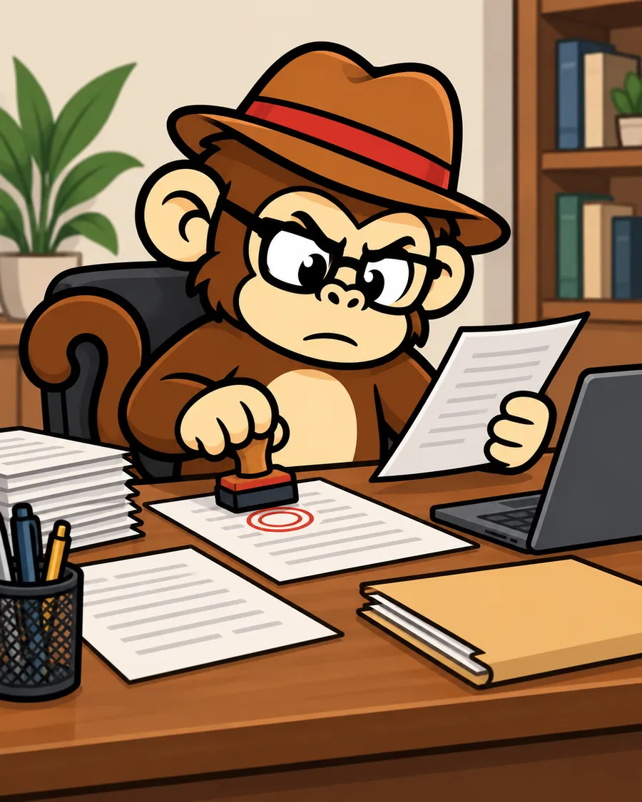 Don Bananza going through paperwork and stamps to open his shop